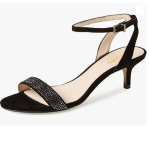 XYD Black Open Toe Ankle Strap Kitten Heel Rhinestones Studded Buckle Sandal